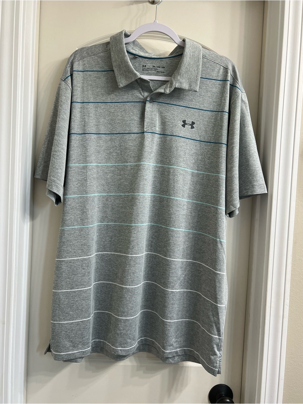 Under Armour Men’s Light Gray Polo with Thin Blue & Teal Stripes